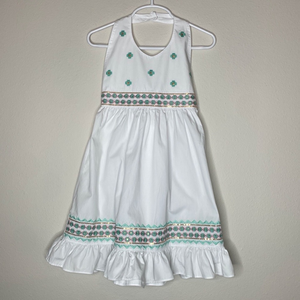 BLUEBERI boulevard White Halter Boho India Sash Back Sequin Embroidered Dress 6